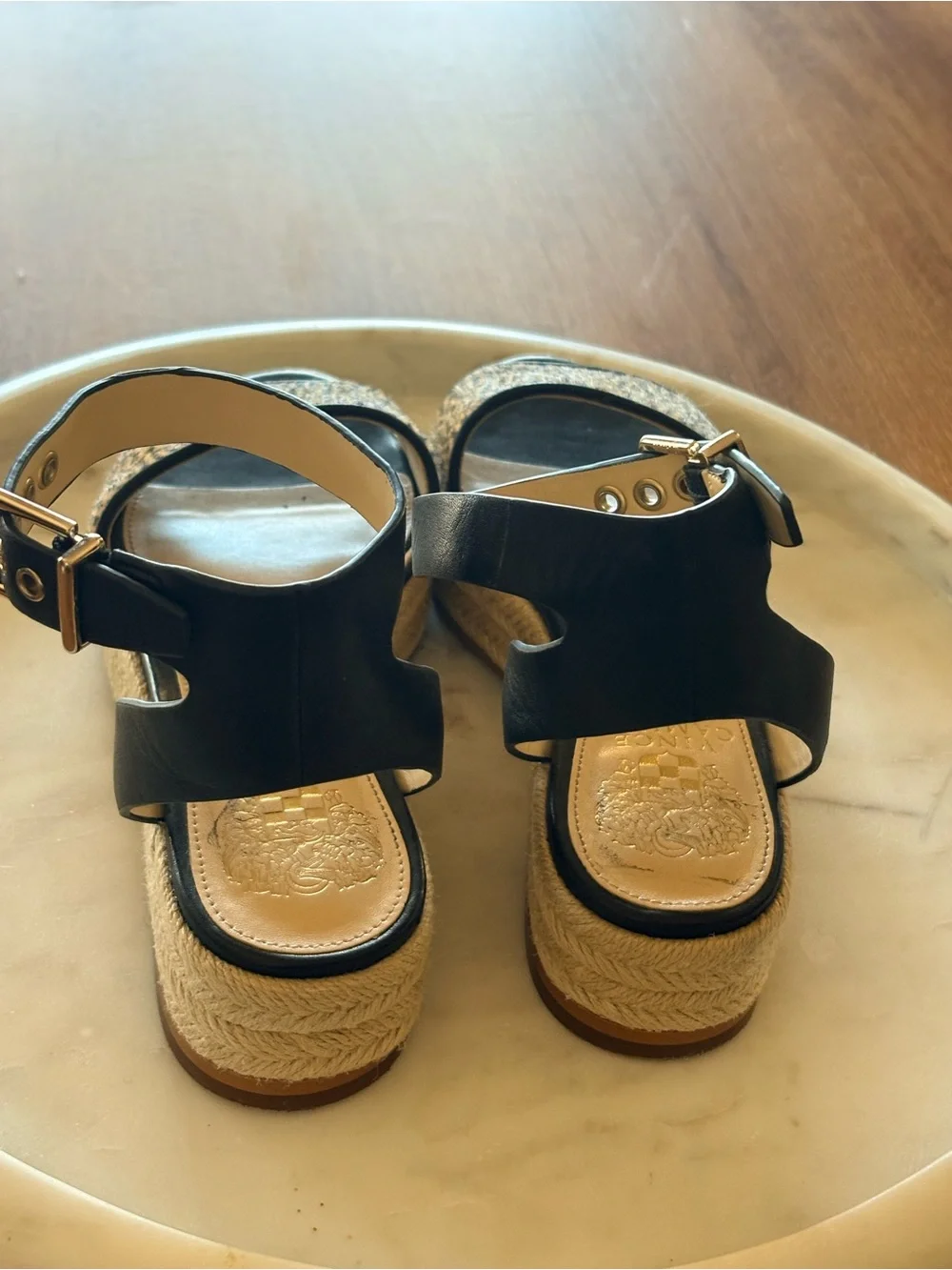 Vince Camuto Black & Tan Leopard Espadrille calf fur Wedge Sandals